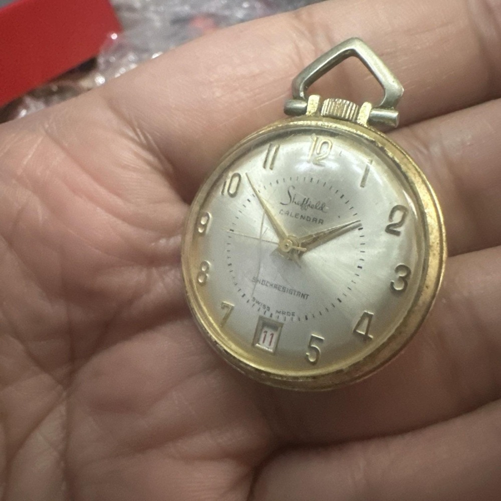 Works Vintage Sheffield Calendar Unisex Pendant Watch Swiss Made Gold Tone 32mm